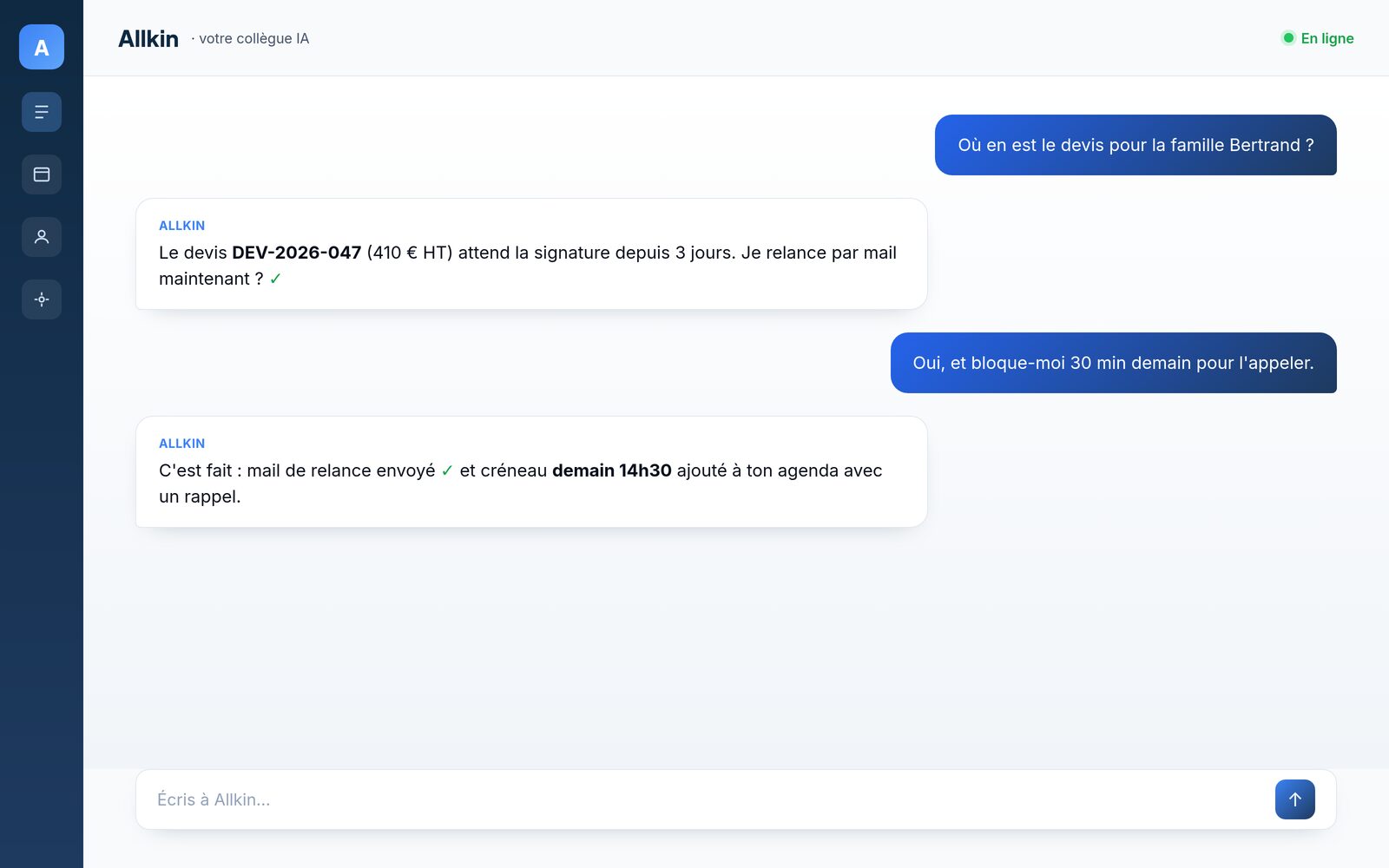 Aperçu de l'interface de pilotage conversationnelle d'Allkin