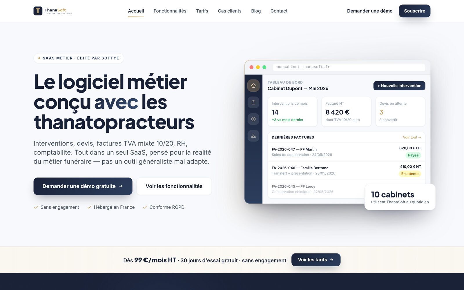 Tableau de bord du logiciel métier Thanasoft